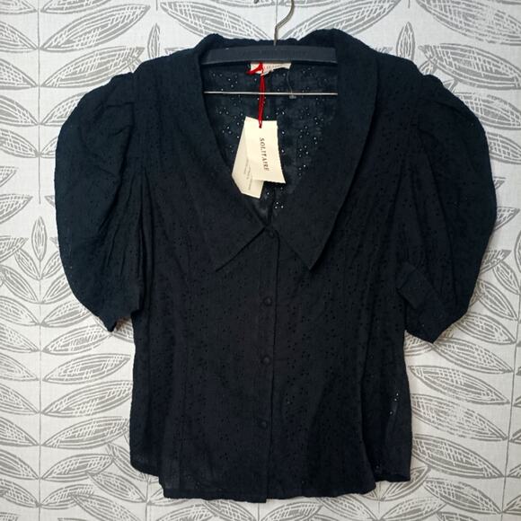 Solitaire Eyelet Button Front Blouse Collared Black Vintage Inspire Handmade New - Picture 1 of 7